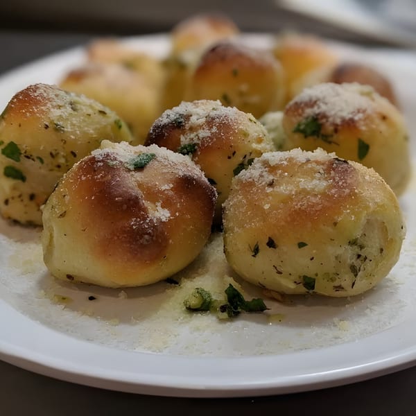 Close-up of golden-brown Italian garlic knots, sprinkled with Parmesan cheese and herbs on a white plate.