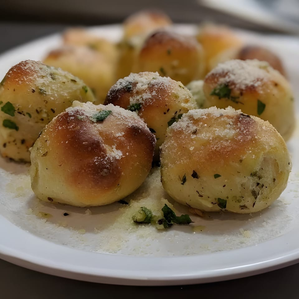 Close-up of golden-brown Italian garlic knots, sprinkled with Parmesan cheese and herbs on a white plate.