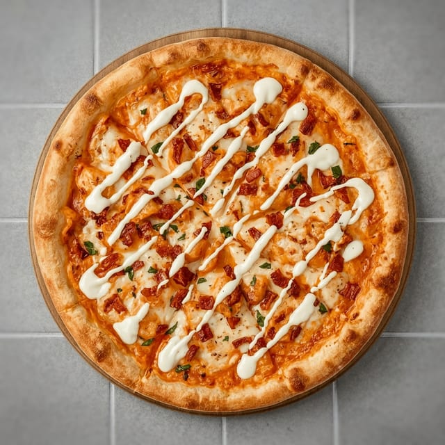 Buffalo Chicken Bacon Ranch Pizza.